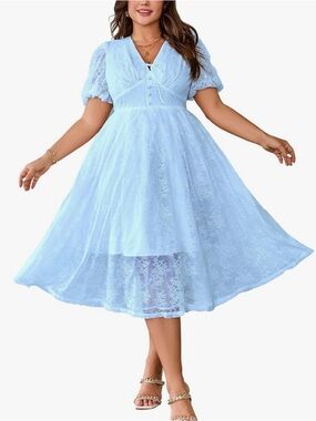 Women's Light Blue Lace Midi Dress with Puff Sleeves